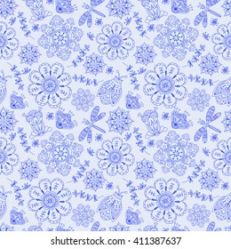 Blue seamless pattern with flowers, dragonfly and beetle. Floral design in vector.