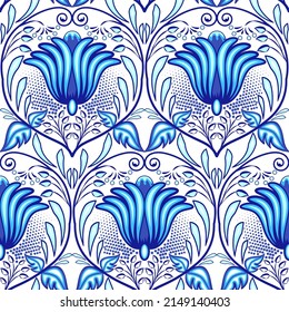 Blue seamless pattern with flowers, leaves and floral elements. Traditional rustic ornament in style of cobalt painting on porcelain. Vintage pattern with twigs. Vector illustration.