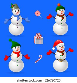 Blue seamless pattern with funny snowman different. Gift, sweets, holly. color illustrations