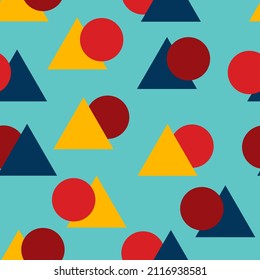 Blue seamless pattern with geometric shapes, circles different colors, 