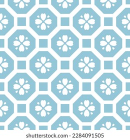 Blue seamless pattern with geometric shapes and flowers