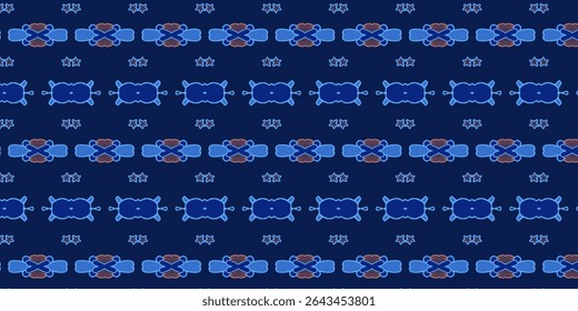 Blue seamless pattern with geometric symmetry and decorative shapes, ideal for digital backgrounds, textile prints, or abstract modern artwork.