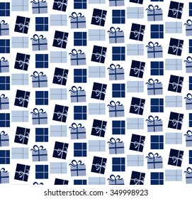 Blue seamless pattern of gift boxes. Vector illustration. 