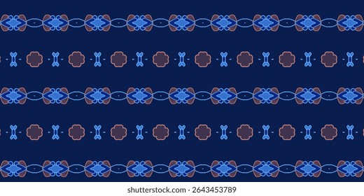 Blue seamless pattern with glowing tribal motifs on a dark navy background. Suitable for batik, digital textiles, or traditional-modern fusion designs.
