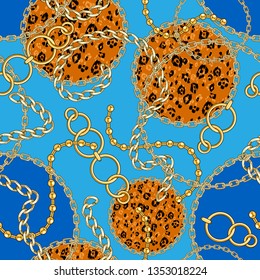 Blue seamless pattern with gold chain for fabric. Trendy repeating fashion print.
