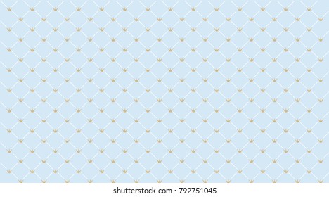 Blue seamless pattern with golden crown. Classic backdrop for invitation card and decoration party (wedding, baby boy shower, birthday) Cute wallpaper for prince's style child's room. Gift wrap paper.