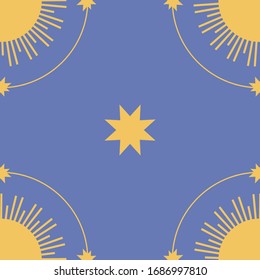 Blue seamless pattern with golden stars and sun.