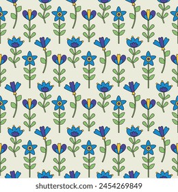 Blue seamless pattern of groovy hippie flowers in retro style vector illustration