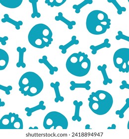 Blue seamless pattern with halloween skull and bones