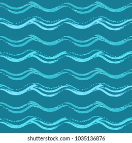 Blue seamless pattern with hand drawn waves. Repeating texture with wavy brush strokes.