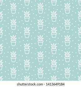 Blue seamless pattern with hand drawn succulents