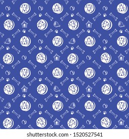 Blue seamless pattern with hand drawn dogs items, animals pattern, vector pattern.