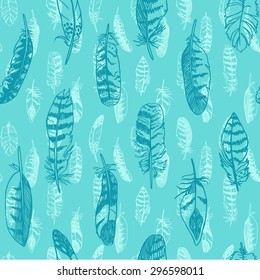 Blue seamless pattern with hand drawn feathers. 