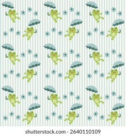 Blue Seamless Pattern with Hand-Drawn Cartoon Frogs. Cute Amphibian Illustration for Kids and Fabric Designs