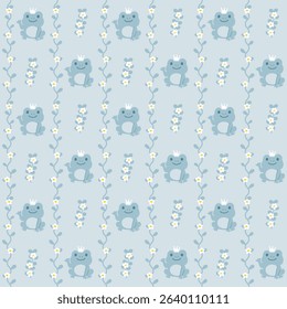 Blue Seamless Pattern with Hand-Drawn Cartoon Frogs. Cute Amphibian Illustration for Kids and Fabric Designs