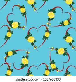 Blue seamless pattern with hearts decorated with yellow flowers