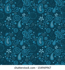 Blue seamless pattern with hearts and flowers - vector