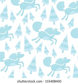 Blue seamless pattern with horses and Christmas trees