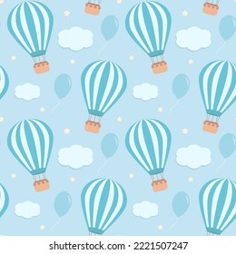 Blue seamless pattern with hot air balloons