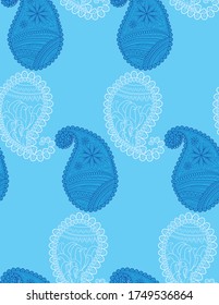Blue seamless pattern with Indian ornament. Turkish cucumber.