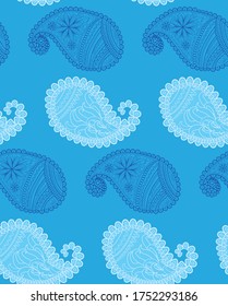 Blue seamless pattern with Indian ornament. Turkish cucumber.