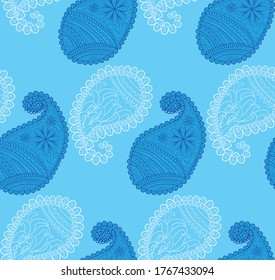 Blue seamless pattern with Indian ornament. Turkish cucumber.