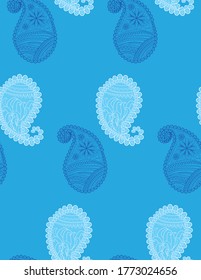 Blue seamless pattern with Indian ornament. Turkish cucumber.