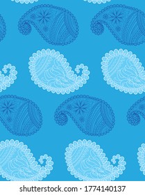 Blue seamless pattern with Indian ornament. Turkish cucumber.