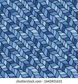 Blue seamless pattern with interweaving of braids. Abstract ornamental background in form of a knitted fabric. Stylized textured yarn or hairstyle close-up