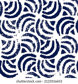Blue seamless pattern in japanese style. Traditional vector art background. Hand drawn stamp geometric ornament