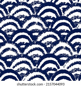 Blue seamless pattern in japanese style. Traditional vector art background. Oriental japan art decorative illustration template. Asian wallpaper, textile design. Hand drawn stamp geometric ornament