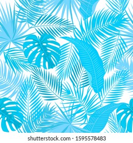 Blue seamless pattern of leaves palm tree, monstera, flowers, vector background of tropical jungle leaves.