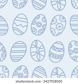 Blue seamless pattern of linear Easter eggs