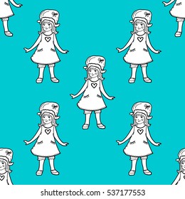 Blue seamless pattern with little girls in bonnet and short dress. Black contour illustration for kids prints, clothes, designs, textile, wrapping paper, scrapbooking.