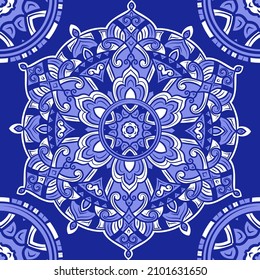 Blue seamless pattern with mandala ornament. Traditional Arabic, Indian motifs. Great for fabric and textile, wallpaper, packaging or any desired idea.
