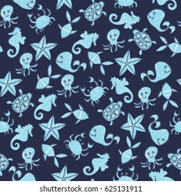 Blue seamless pattern with marine animals: whale, cancer, turtle, octopus, fish, starfish, seahorse. Vector.