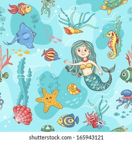 Blue seamless pattern with mermaid. Cartoon vector background.