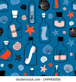 Blue seamless pattern with message in a bottle, shell, sea star. Hand drawn flat nautical cartoon style texture with glass bottles, jars and underwater creatures. Seafaring, marine theme, castaway