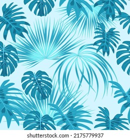 Patrón azul sin costuras con monstera y hojas tropicales de palmera. Fondo vectorial de la jungla para tela, papel pintado, textil