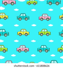 Blue seamless pattern with multicolored retro cars and clouds