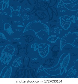 Blue seamless pattern with ocean animals. World Oceans day text hand drawn lettering isolated. Design template, badge, icon, card, banner. Greeting card for Ocean day celebration illustration.