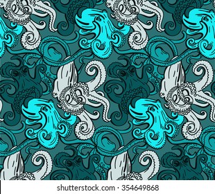 Blue seamless pattern with octopus