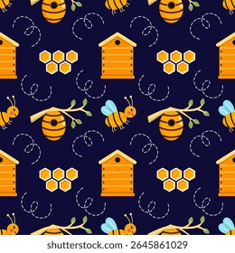 Blue seamless pattern on theme of honey and beekeeping. Background for sewing clothes or printing on fabric. bee, hive, and honeycomb