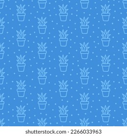 Blue seamless pattern with outline cacti 