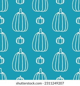 Blue seamless pattern with outline pumpkins