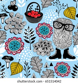 Blue seamless pattern with owl in eyeglasses. Hipster image in vector.