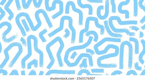 Blue seamless pattern paint brush strokes vector. Pattern curved, wavy lines with grunge circles, abstract lines. Chaotic kids ink brush scribbles decorative textured. Messy doodles, bold curvy lines.