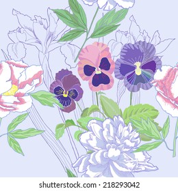 Blue seamless pattern  with peonies and pansy.Vector Illustration