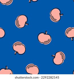 Blue seamless pattern with pink apples