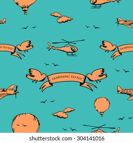 Blue seamless pattern with planes,birds and etc